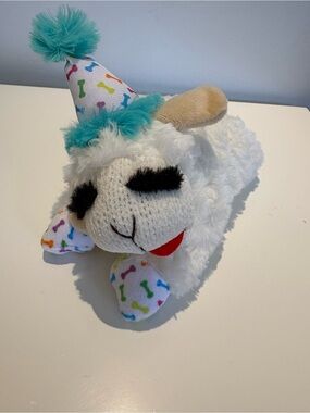 Plush White Birthday Party Lamb Toy with Turquoise Accent